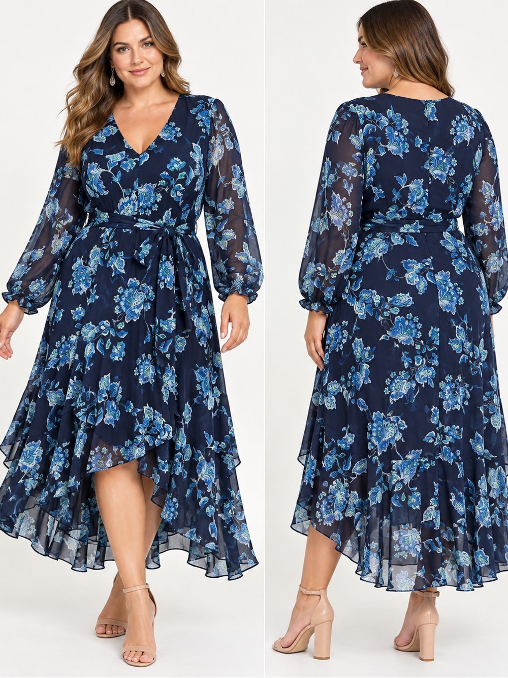 Eliza J 18W Navy Blue Floral High Low Midi Maxi Dress Belted Plus Size 18W NWOT
